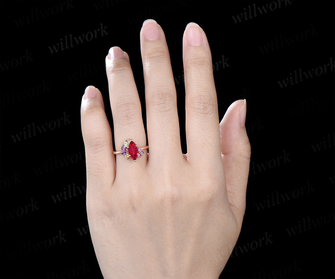 Marquise Fantasy Cut Ruby Ring Set Leaf Twig Moon Promise Ring Ruby Accent Nature Inspired Bridal Set