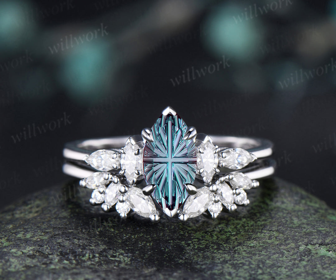 Marquise Fantasy Cut Alexandrite Ring Set Five Stone Engagement Ring Moissanite Cluster Wedding Band Color Change Gemstone Bridal Set
