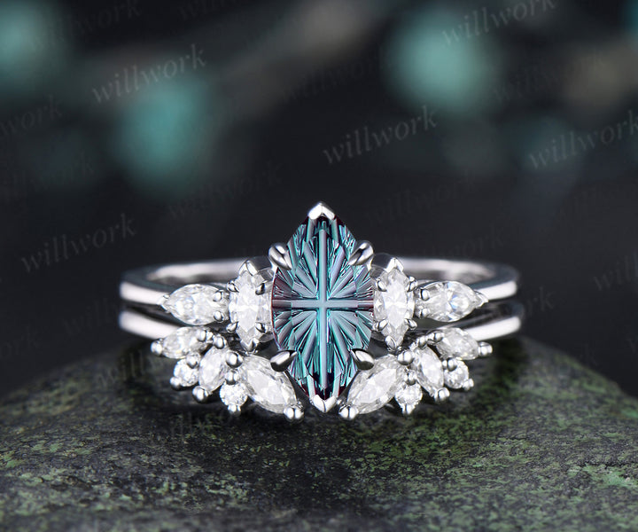 Marquise Fantasy Cut Alexandrite Ring Set Five Stone Engagement Ring Moissanite Cluster Wedding Band Color Change Gemstone Bridal Set