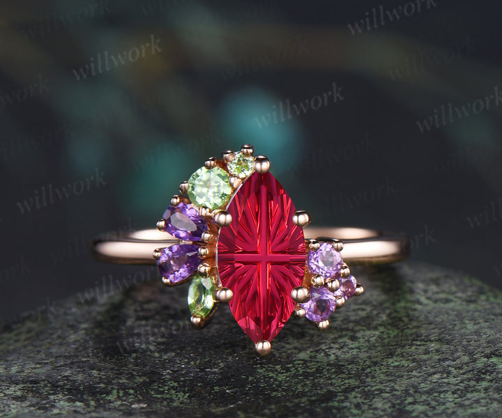 Marquise Fantasy Cut Ruby Engagement Ring Peridot Amethyst Cluster Bridal Wedding Ring July Birthstone Ring