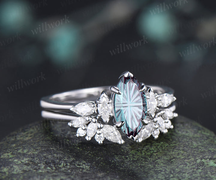 Marquise Fantasy Cut Alexandrite Ring Set Five Stone Engagement Ring Moissanite Cluster Wedding Band Color Change Gemstone Bridal Set
