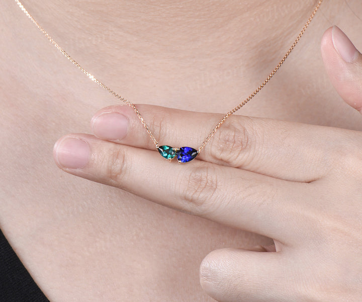Pear cut emerald sapphire pendant necklace toi et moi necklace minimalist two stones pendant for couple bff