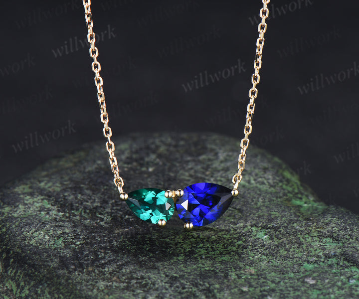 Pear cut emerald sapphire pendant necklace toi et moi necklace minimalist two stones pendant for couple bff
