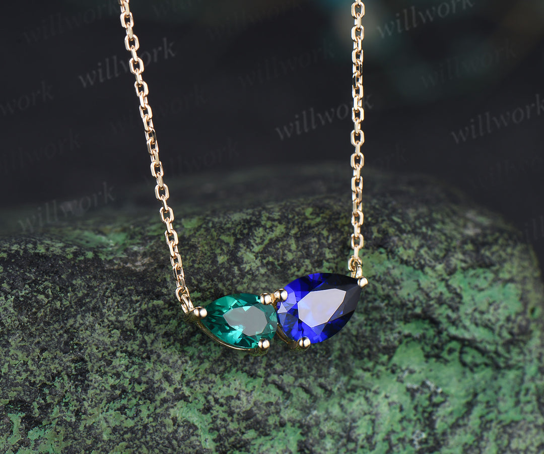 Pear cut emerald sapphire pendant necklace toi et moi necklace minimalist two stones pendant for couple bff