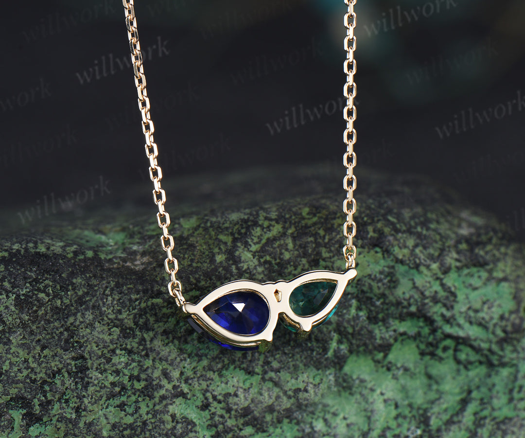 Pear cut emerald sapphire pendant necklace toi et moi necklace minimalist two stones pendant for couple bff