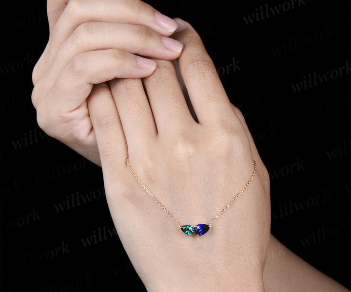 Pear cut emerald sapphire pendant necklace toi et moi necklace minimalist two stones pendant for couple bff