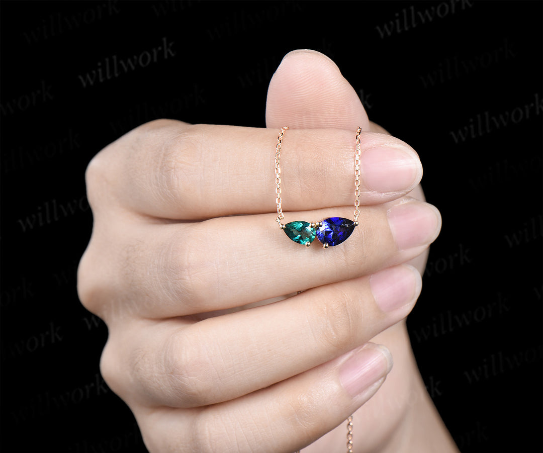 Pear cut emerald sapphire pendant necklace toi et moi necklace minimalist two stones pendant for couple bff