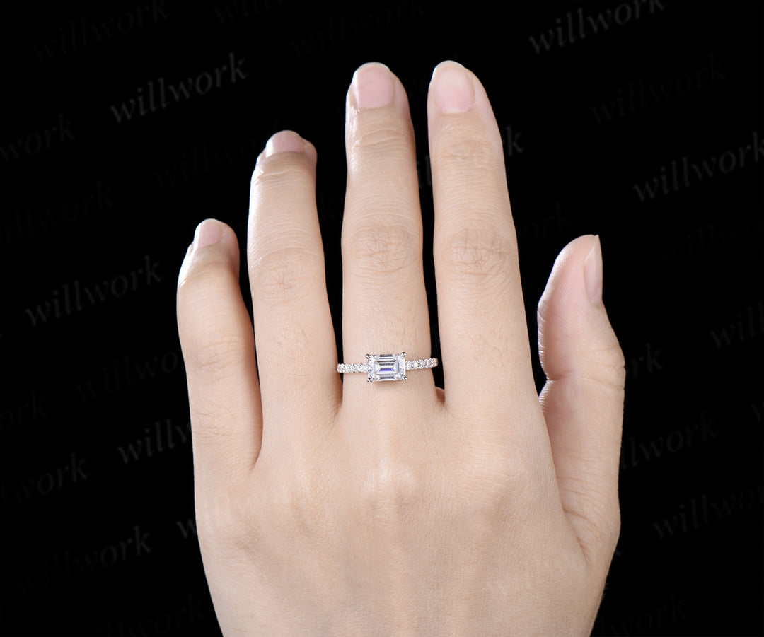East to West Emerald Cut Moissanite Engagement Ring Moissanite Half Eternity Promise Ring Anniversary Gifts