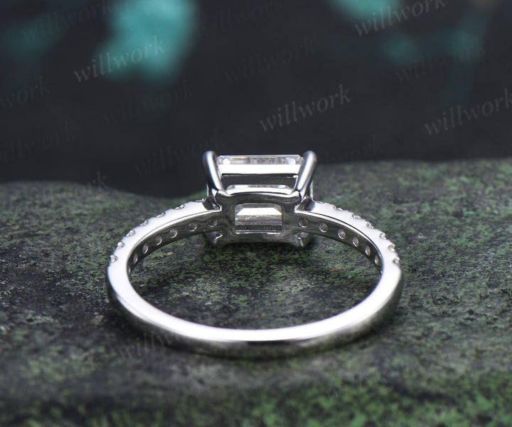 East to West Emerald Cut Moissanite Engagement Ring Moissanite Half Eternity Promise Ring Anniversary Gifts