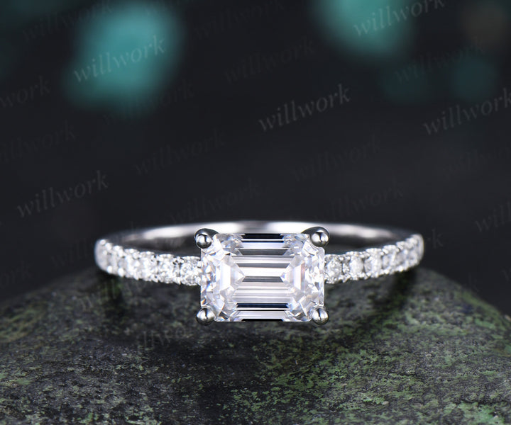 East to West Emerald Cut Moissanite Engagement Ring Moissanite Half Eternity Promise Ring Anniversary Gifts