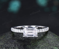 East to West Emerald Cut Moissanite Engagement Ring Moissanite Half Eternity Promise Ring Anniversary Gifts