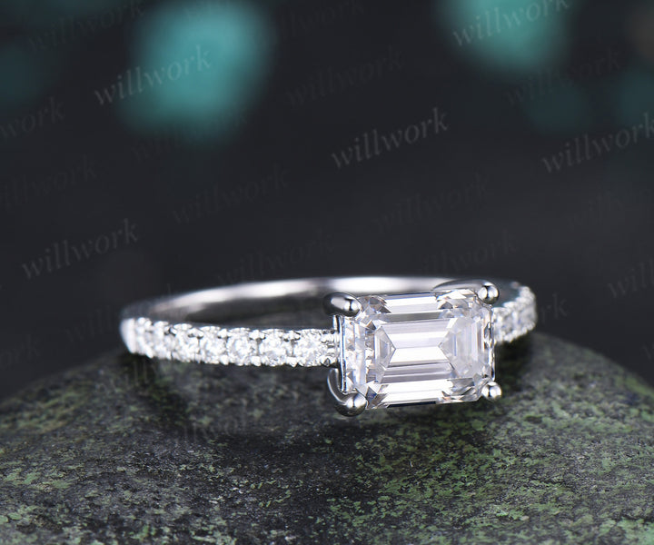 East to West Emerald Cut Moissanite Engagement Ring Moissanite Half Eternity Promise Ring Anniversary Gifts