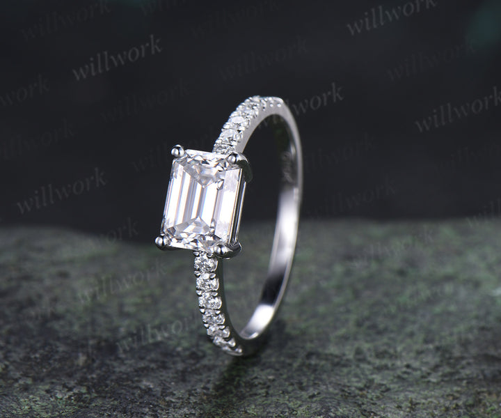 East to West Emerald Cut Moissanite Engagement Ring Moissanite Half Eternity Promise Ring Anniversary Gifts