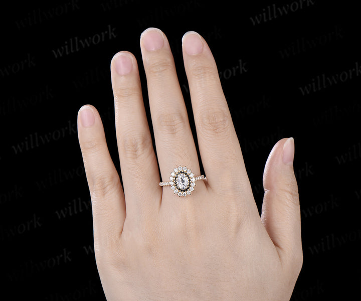 Vintage Oval Cut Moissanite Engagement Ring Moissanite Black Spinel Double Halo Half Eternity Band  Unique Promise Ring