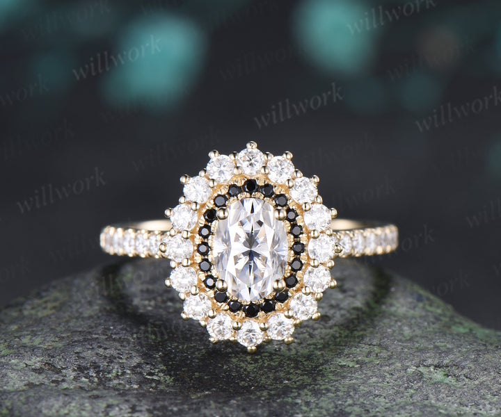 Vintage Oval Cut Moissanite Engagement Ring Moissanite Black Spinel Double Halo Half Eternity Band  Unique Promise Ring