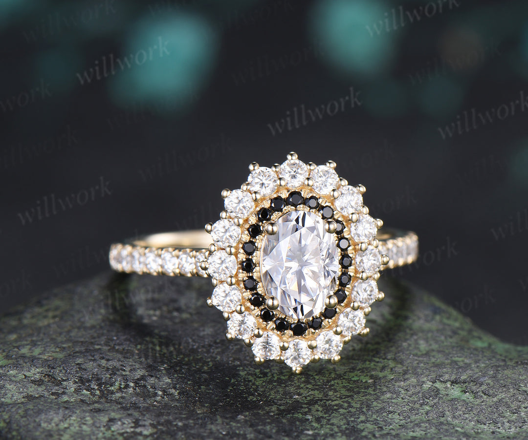 Vintage Oval Cut Moissanite Engagement Ring Moissanite Black Spinel Double Halo Half Eternity Band  Unique Promise Ring