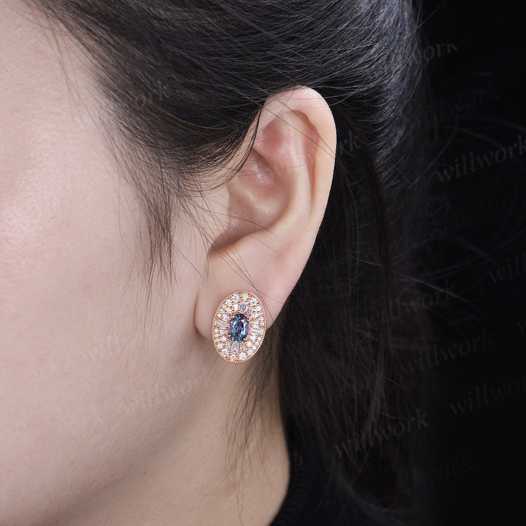 Vintage oval alexandrite moissanite halo earrings art deco moissanite milgrain stud earrings cocktail jewelry