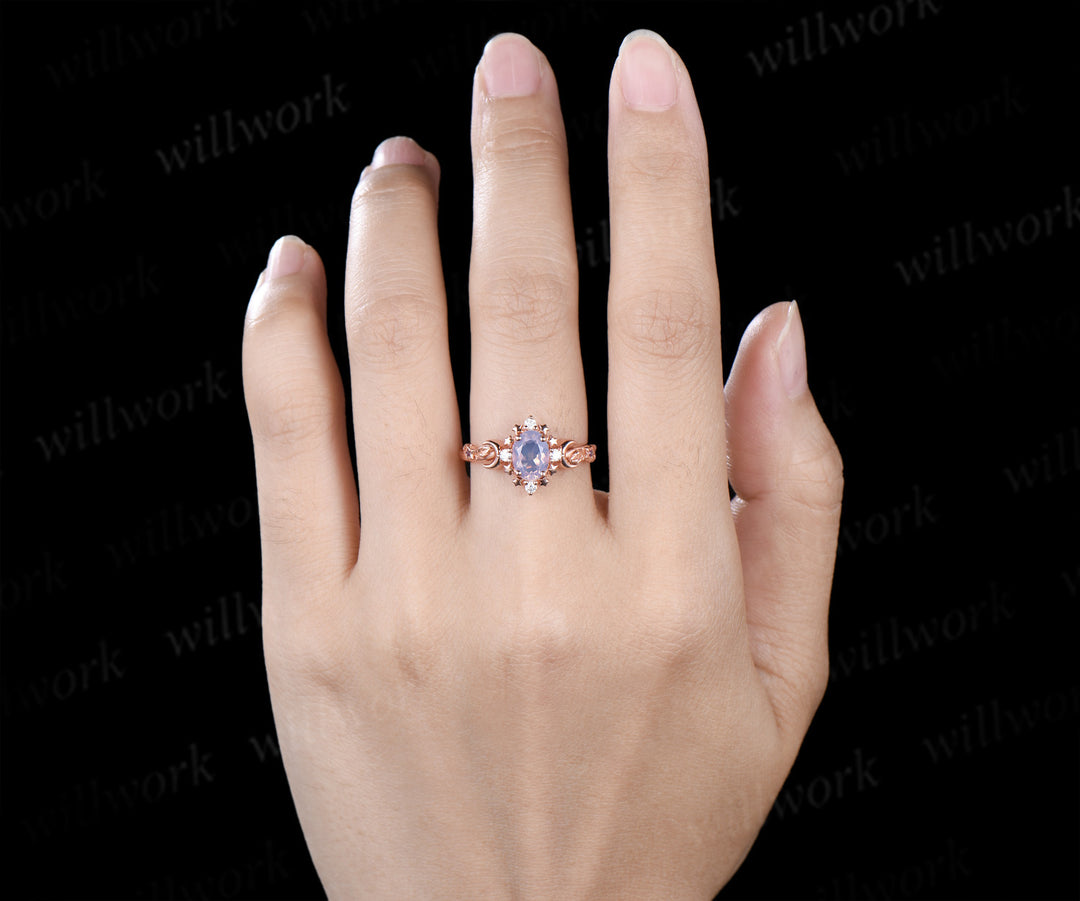 Oval lavender amethyst engagement ring moon star moissanite leaf ring nature inspired promise ring for women