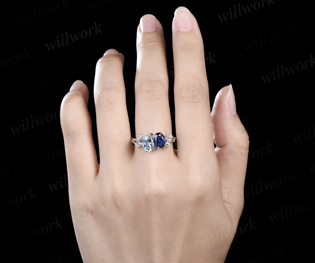 Two stone oval aquamarine sapphire engagement ring white gold leaf diamond bridal set You and me unique wedding ring set women jewelry