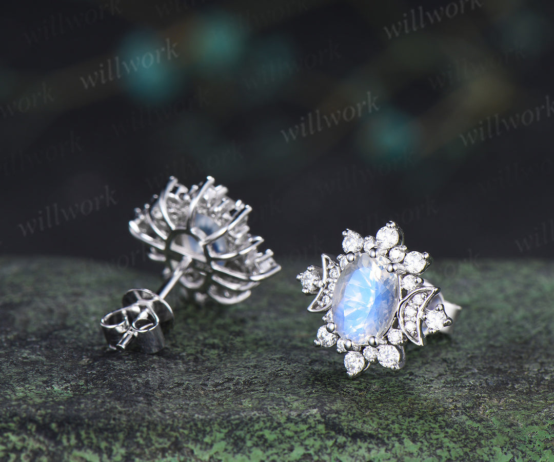 Oval cut moonstone stud earrings unique moissnanite halo art deco moon earrings jewelry gifts