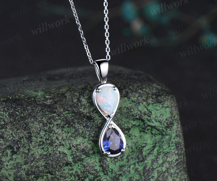 Pear cut opal sapphire pendant necklace dainty infinity white gold charm two birthstones Toi et Moi pendant necklace gifts