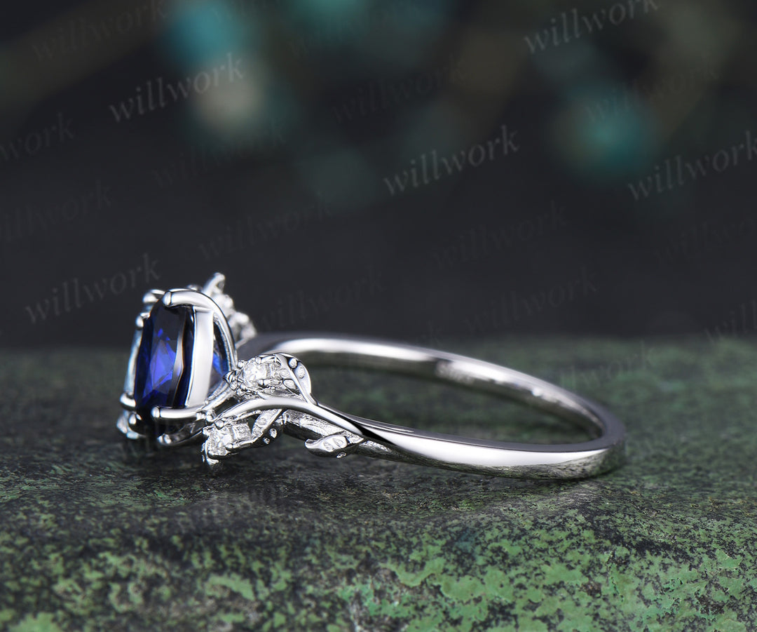 Two stone oval aquamarine sapphire engagement ring white gold leaf diamond bridal set You and me unique wedding ring set women jewelry