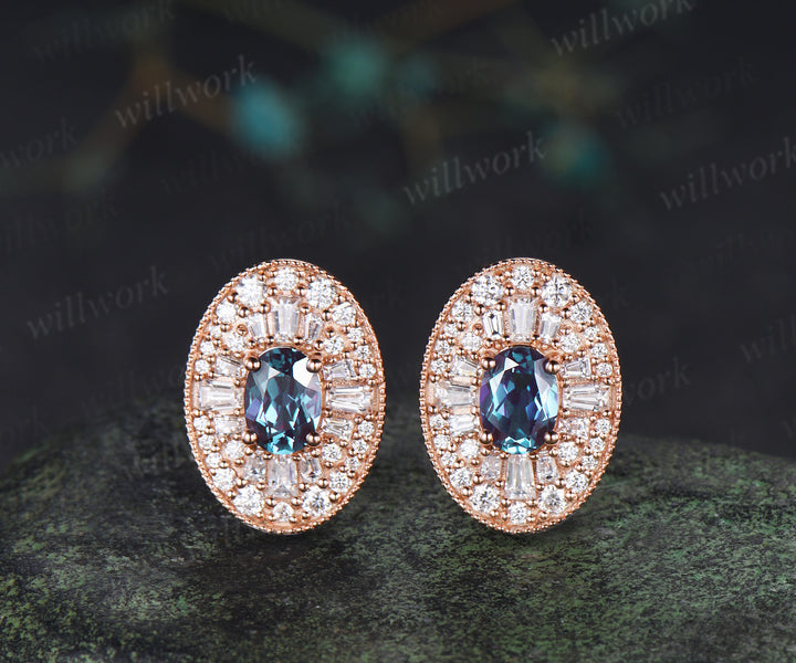 Vintage oval alexandrite moissanite halo earrings art deco moissanite milgrain stud earrings cocktail jewelry