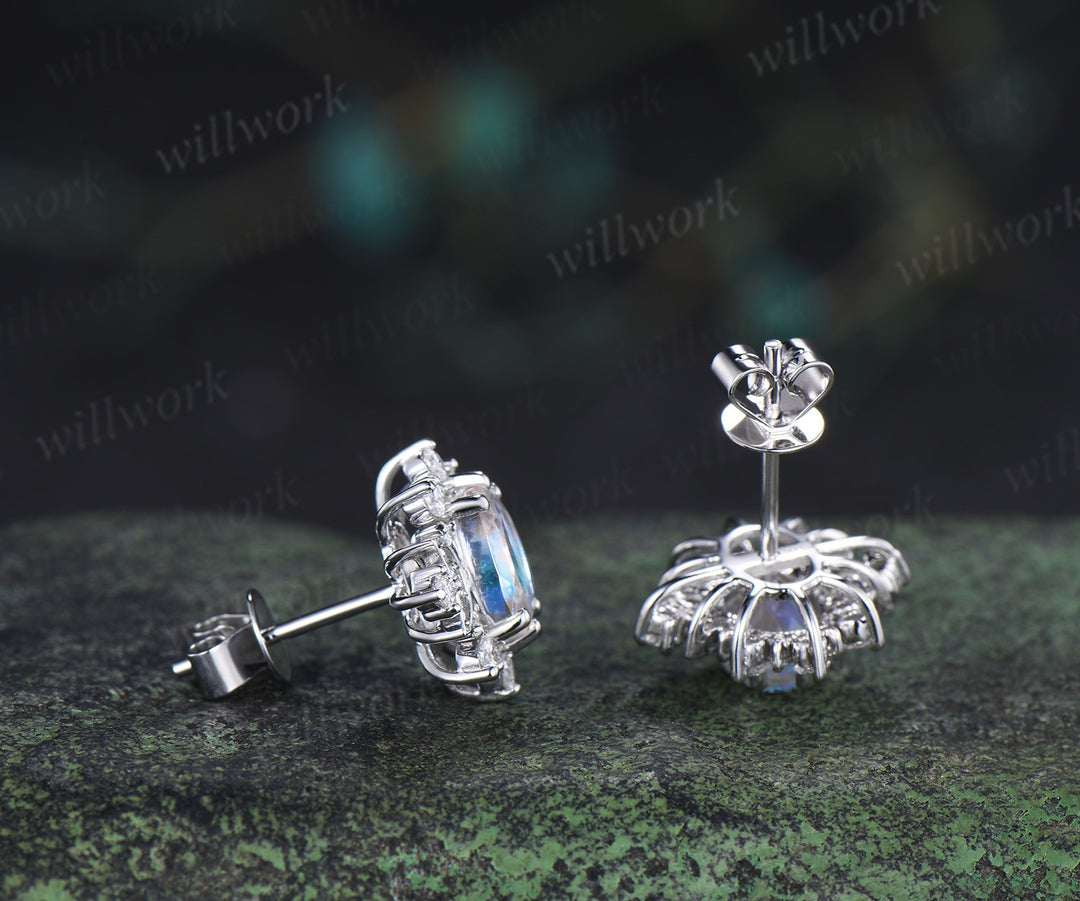 Oval cut moonstone stud earrings unique moissnanite halo art deco moon earrings jewelry gifts