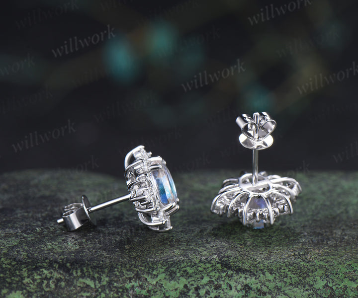 Oval cut moonstone stud earrings unique moissnanite halo art deco moon earrings jewelry gifts