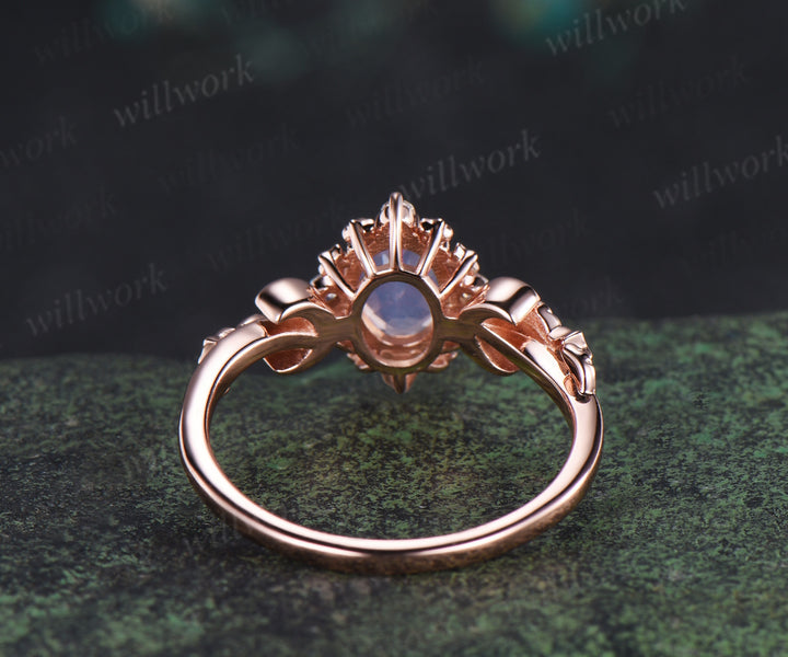Oval lavender amethyst engagement ring moon star moissanite leaf ring nature inspired promise ring for women