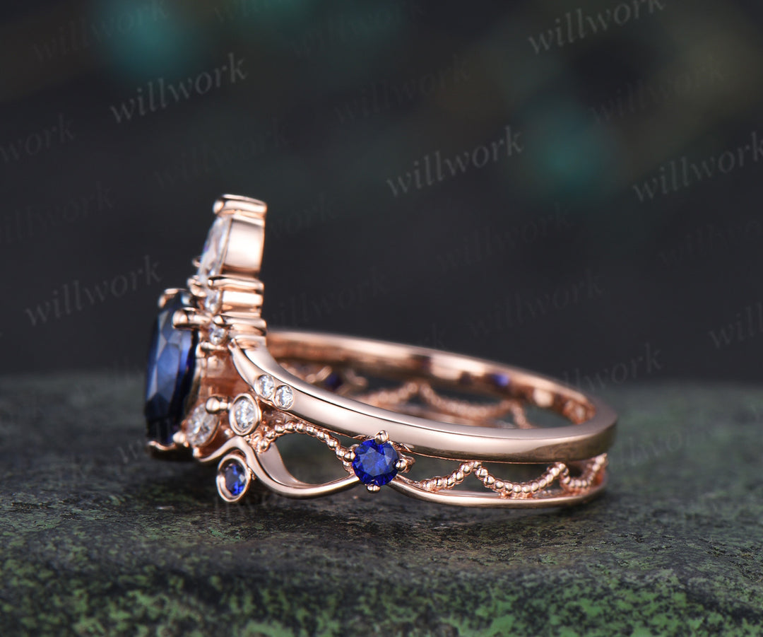Vintage pear cut sapphire engagement ring elegant milgrain hollow filigree promise ring