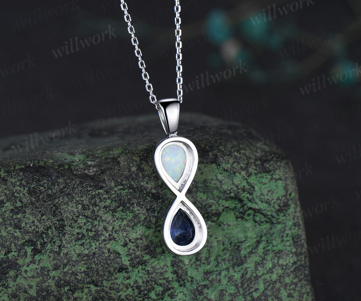 Pear cut opal sapphire pendant necklace dainty infinity white gold charm two birthstones Toi et Moi pendant necklace gifts