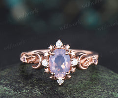 Oval lavender amethyst engagement ring moon star moissanite leaf ring nature inspired promise ring for women