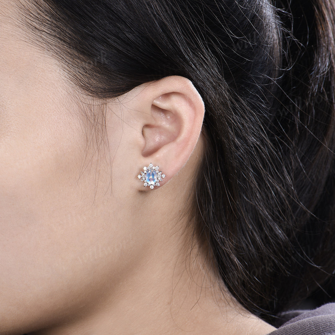 Oval cut moonstone stud earrings unique moissnanite halo art deco moon earrings jewelry gifts