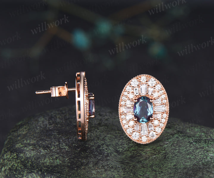 Vintage oval alexandrite moissanite halo earrings art deco moissanite milgrain stud earrings cocktail jewelry
