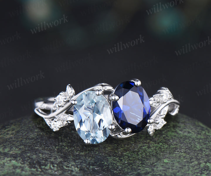 Two stone oval aquamarine sapphire engagement ring white gold leaf diamond bridal set You and me unique wedding ring set women jewelry