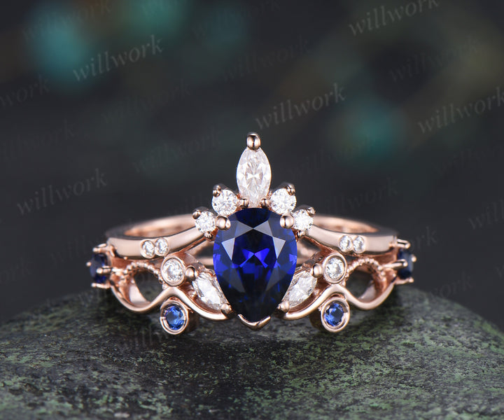 Vintage pear cut sapphire engagement ring elegant milgrain hollow filigree promise ring