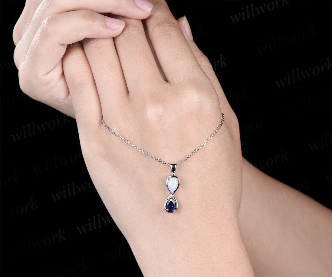 Pear cut opal sapphire pendant necklace dainty infinity white gold charm two birthstones Toi et Moi pendant necklace gifts