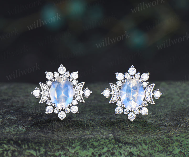 Oval cut moonstone stud earrings unique moissnanite halo art deco moon earrings jewelry gifts