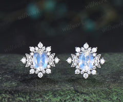Oval cut moonstone stud earrings unique moissnanite halo art deco moon earrings jewelry gifts
