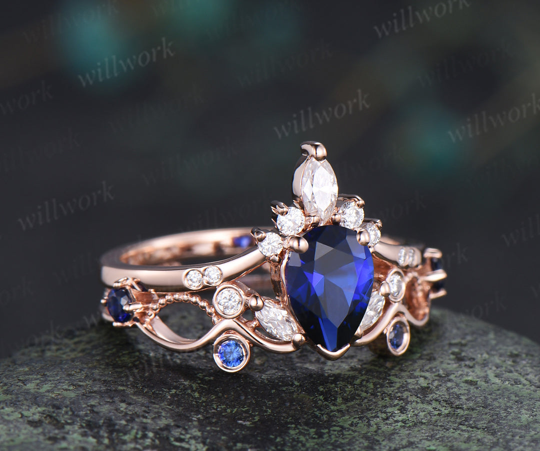 Vintage pear cut sapphire engagement ring elegant milgrain hollow filigree promise ring