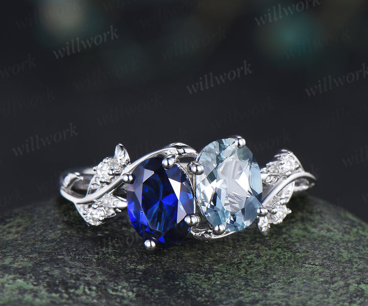 Two stone oval aquamarine sapphire engagement ring white gold leaf diamond bridal set You and me unique wedding ring set women jewelry