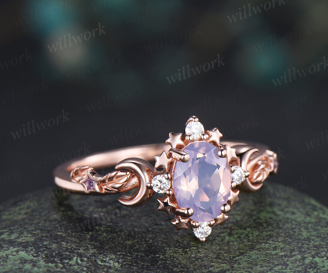 Oval lavender amethyst engagement ring moon star moissanite leaf ring nature inspired promise ring for women