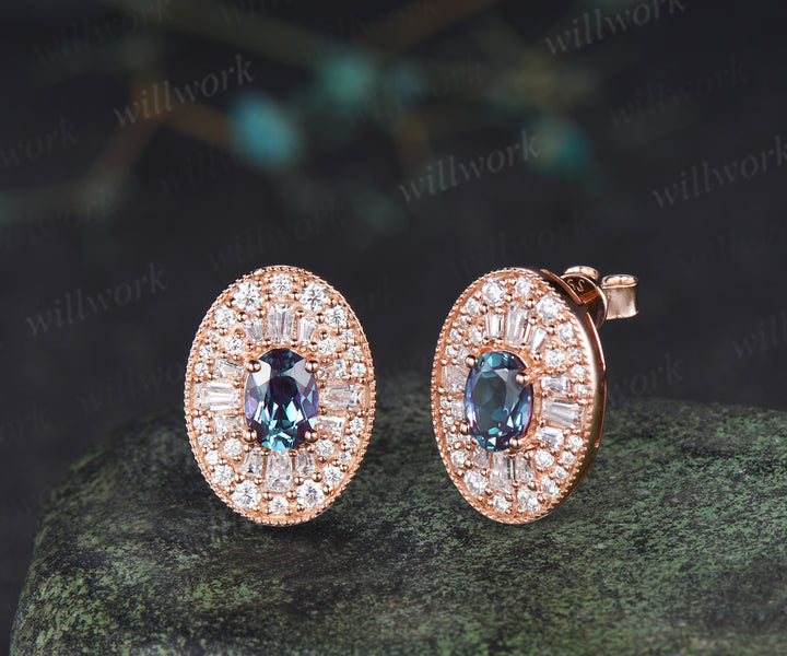 Vintage oval alexandrite moissanite halo earrings art deco moissanite milgrain stud earrings cocktail jewelry