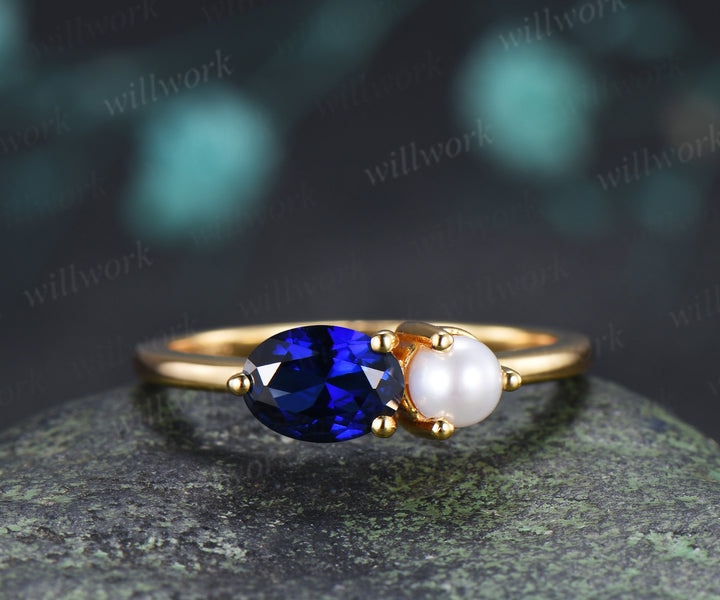 Toi et Moi Oval Cut Sapphire Pearl Engagement Ring Two Birthstone Couple Bestie Ring Anniversary Gifts