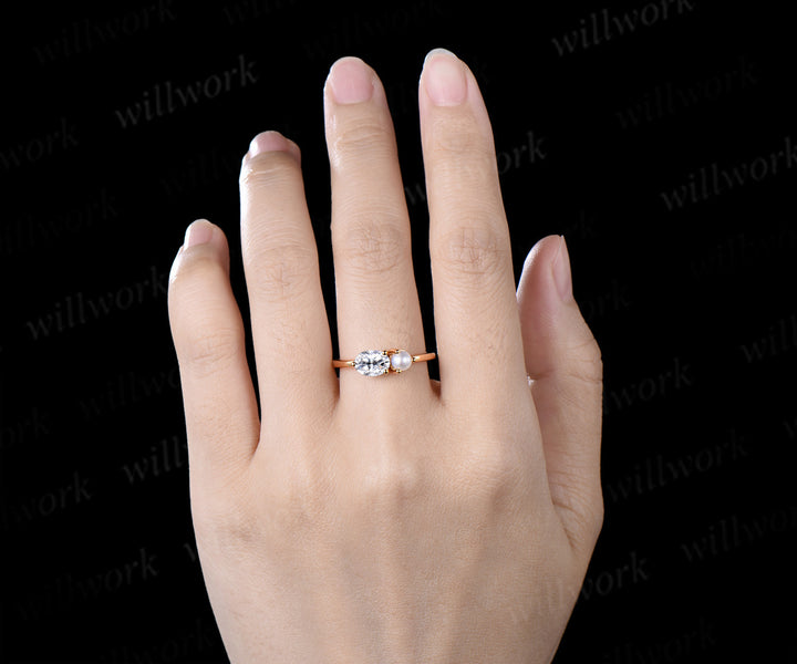 Oval Moissanite and Pearl Toi et Moi Ring Two Stone Engagement Ring Minimalist Couple Besties Jewelry