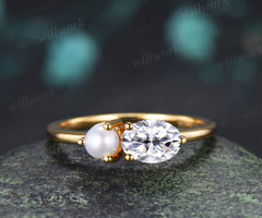 Oval Moissanite and Pearl Toi et Moi Ring Two Stone Engagement Ring Minimalist Couple Besties Jewelry