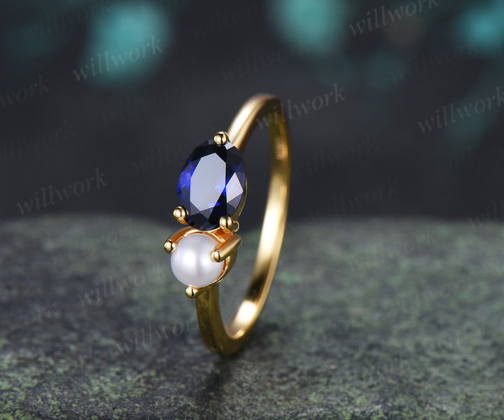 Toi et Moi Oval Cut Sapphire Pearl Engagement Ring Two Birthstone Couple Bestie Ring Anniversary Gifts