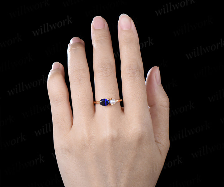 Toi et Moi Oval Cut Sapphire Pearl Engagement Ring Two Birthstone Couple Bestie Ring Anniversary Gifts
