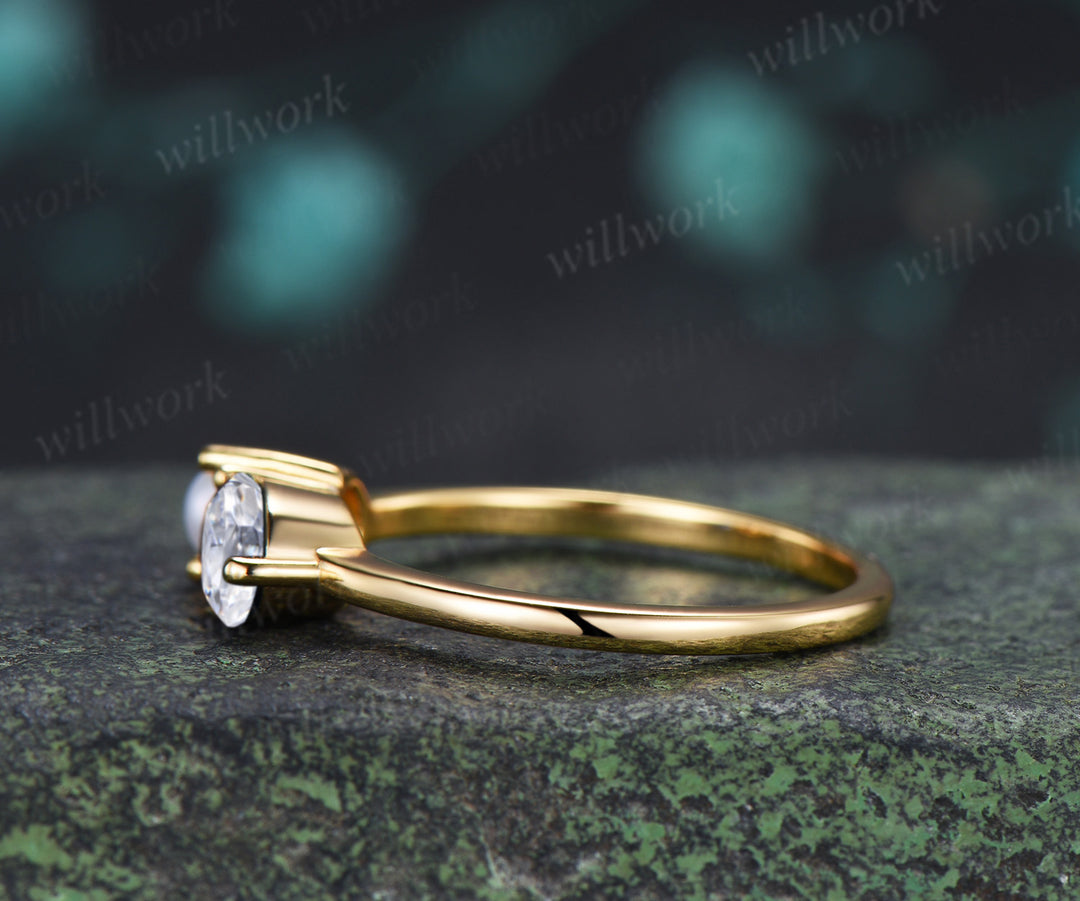Oval Moissanite and Pearl Toi et Moi Ring Two Stone Engagement Ring Minimalist Couple Besties Jewelry